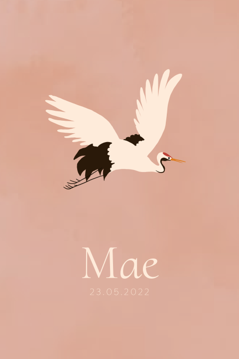 Roze poster met naam en kraanvogel